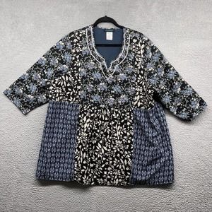 Ulla Popken Womens Blouse Blue Floral Rhinestone 3/4 Sleeve V-Neck Size 20